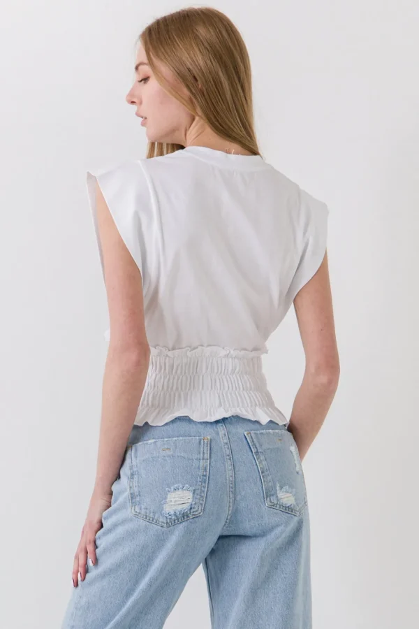 ENDLESS ROSE Tops*- Smocked Waist T-Shirt WHITE