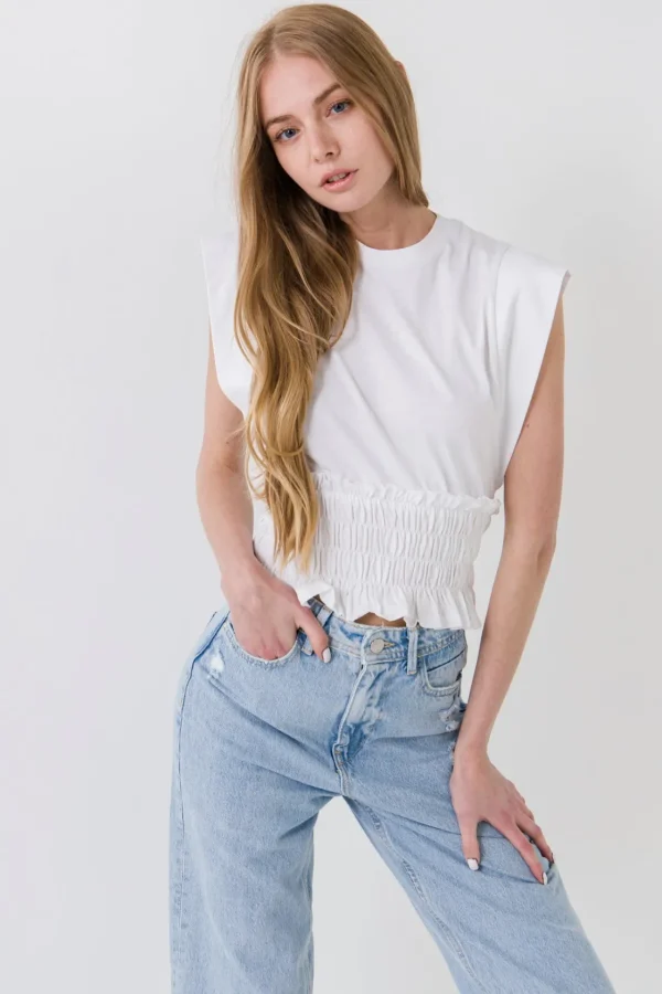 ENDLESS ROSE Tops*- Smocked Waist T-Shirt WHITE