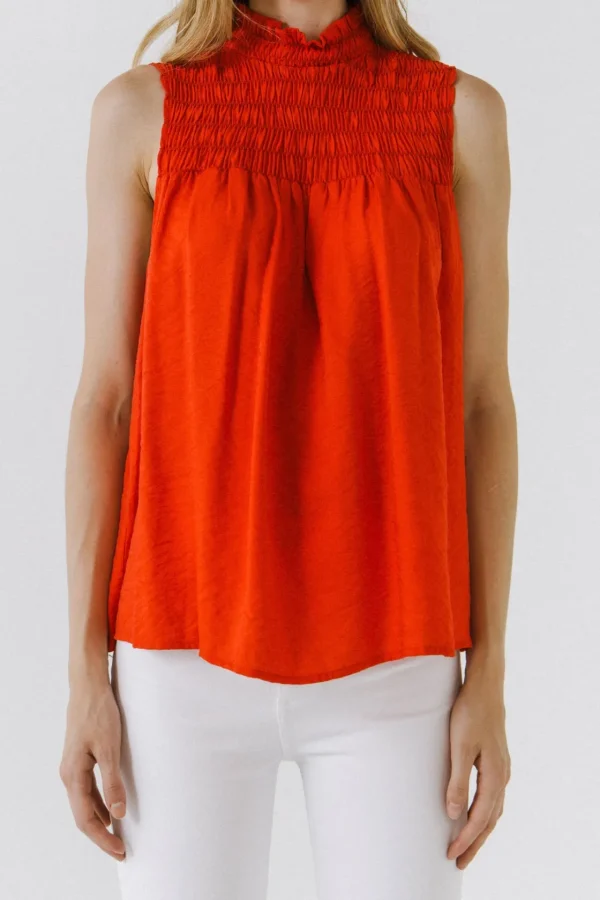ENDLESS ROSE Tops*- Smocked Yoke Halter Top RED