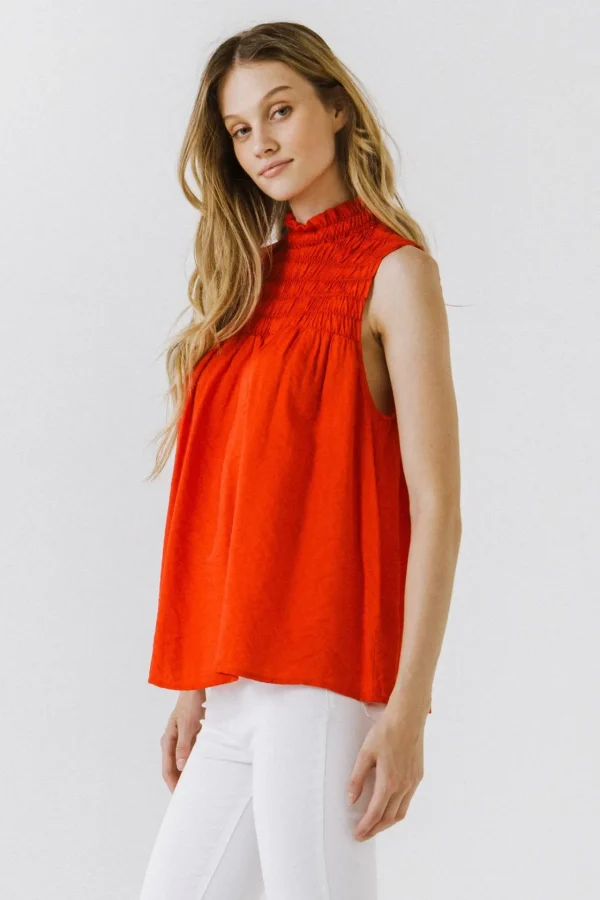 ENDLESS ROSE Tops*- Smocked Yoke Halter Top RED