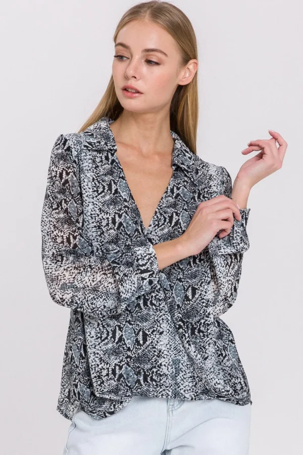 ENDLESS ROSE Shirts & Blouses | Tops*- Snake Skin Pattern Wrap Shirt GREY