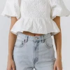ENDLESS ROSE Tops*- Square Neck Puff Sleeve Jacquard Top WHITE