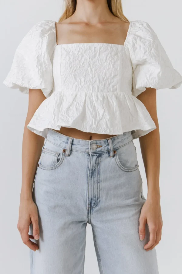ENDLESS ROSE Tops*- Square Neck Puff Sleeve Jacquard Top WHITE