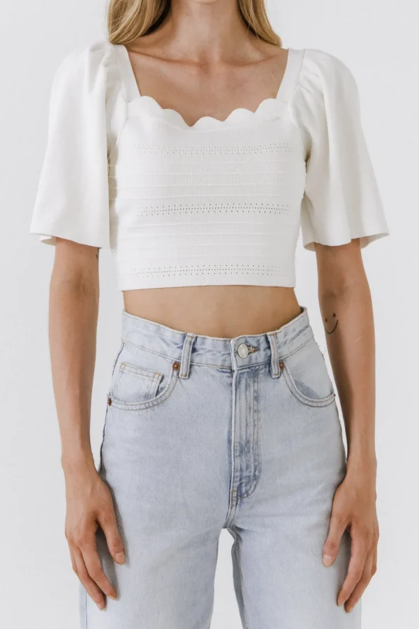ENDLESS ROSE Tops*- Square Neckline Short Sleeve Top WHITE