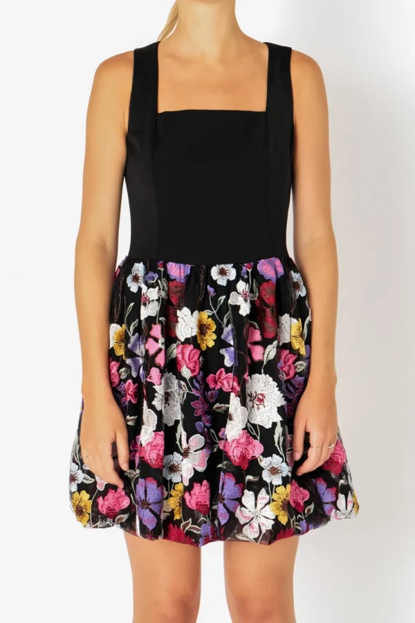 ENDLESS ROSE Tops*- Square Neck Floral Embroidered Mini Dress BLACK