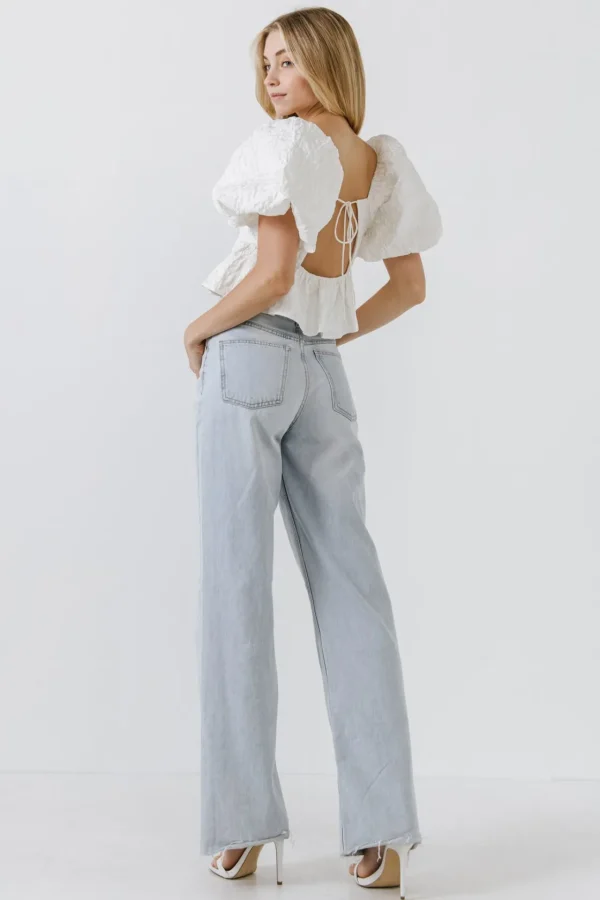 ENDLESS ROSE Tops*- Square Neck Puff Sleeve Jacquard Top WHITE