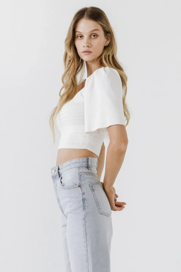 ENDLESS ROSE Tops*- Square Neckline Short Sleeve Top WHITE