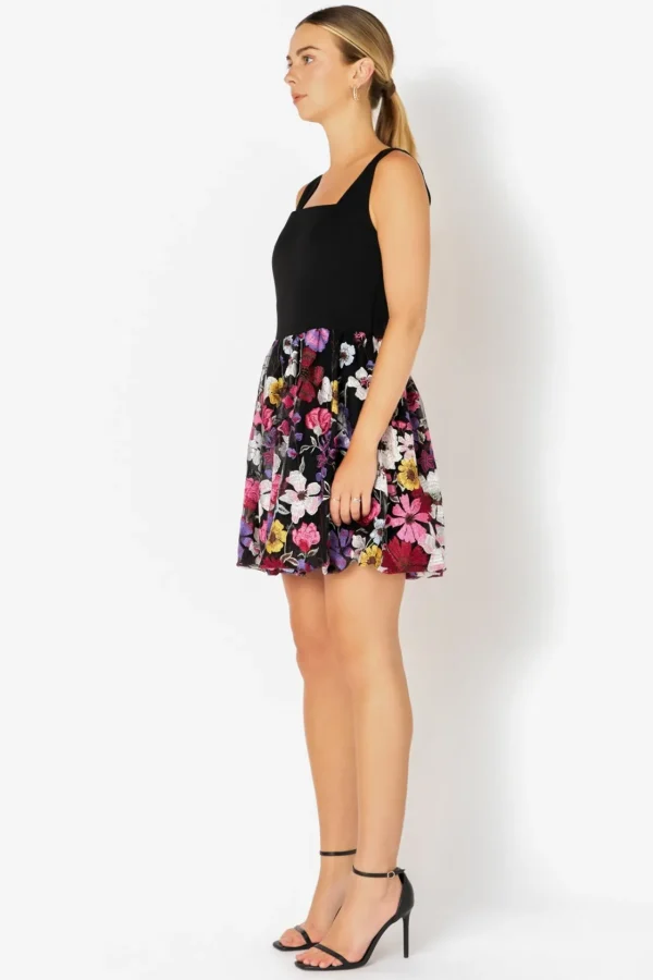 ENDLESS ROSE Tops*- Square Neck Floral Embroidered Mini Dress BLACK