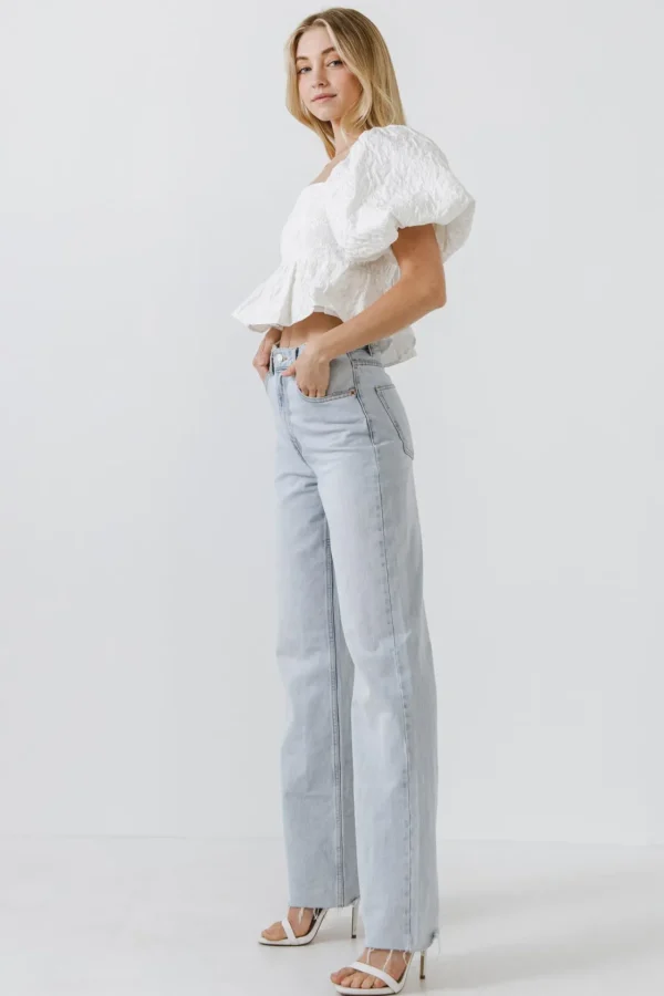 ENDLESS ROSE Tops*- Square Neck Puff Sleeve Jacquard Top WHITE