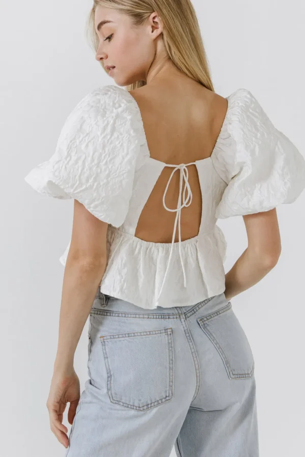 ENDLESS ROSE Tops*- Square Neck Puff Sleeve Jacquard Top WHITE