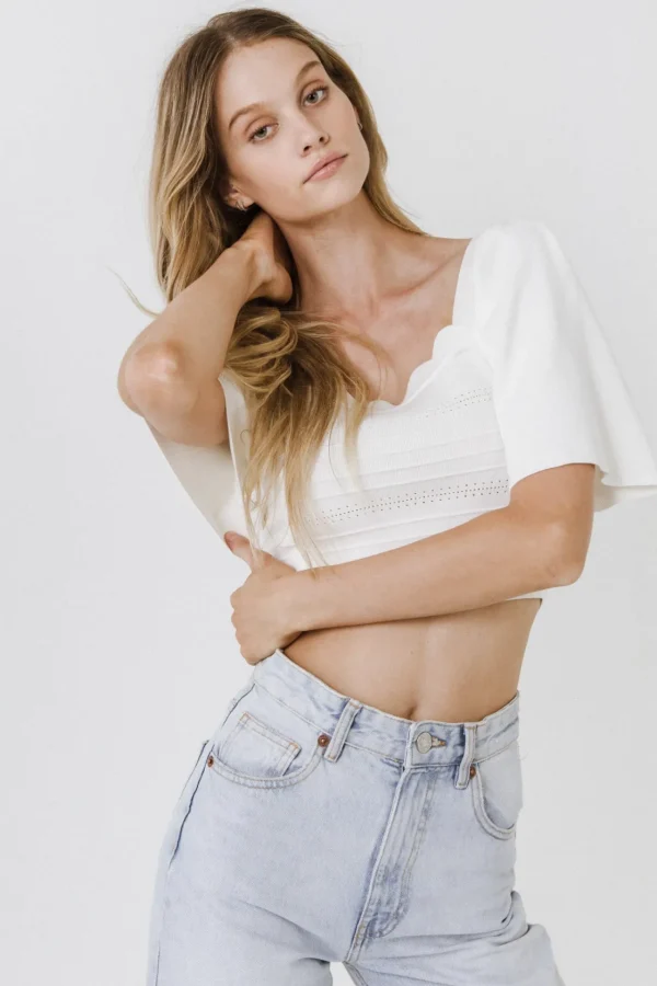 ENDLESS ROSE Tops*- Square Neckline Short Sleeve Top WHITE