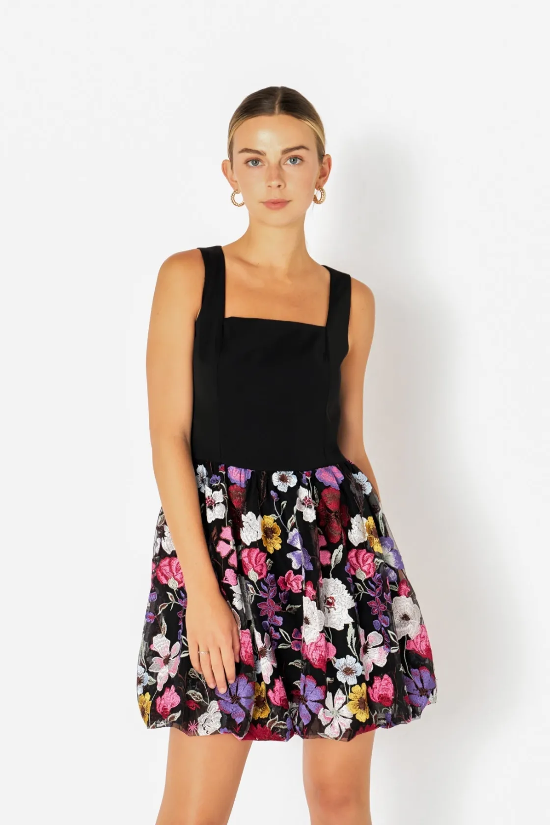 endless_rose__square_neck_3.webp ENDLESS ROSE Tops*- Square Neck Floral Embroidered Mini Dress BLACK