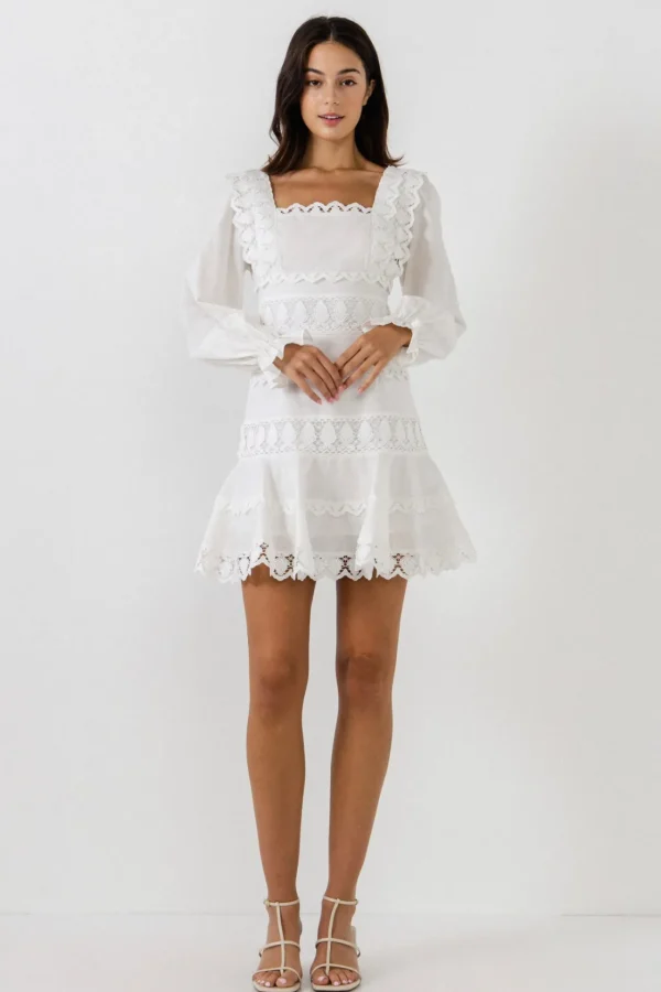 ENDLESS ROSE Lace Dresses | White Dresses*- Square Neckline Lace Trim Dress