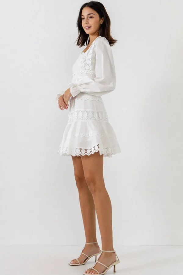 ENDLESS ROSE Lace Dresses | White Dresses*- Square Neckline Lace Trim Dress