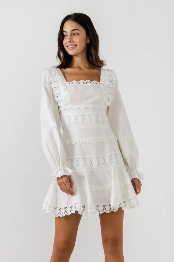ENDLESS ROSE Lace Dresses | White Dresses*- Square Neckline Lace Trim Dress