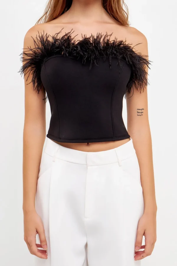 ENDLESS ROSE Tops*- Strapless Knit Feather Top