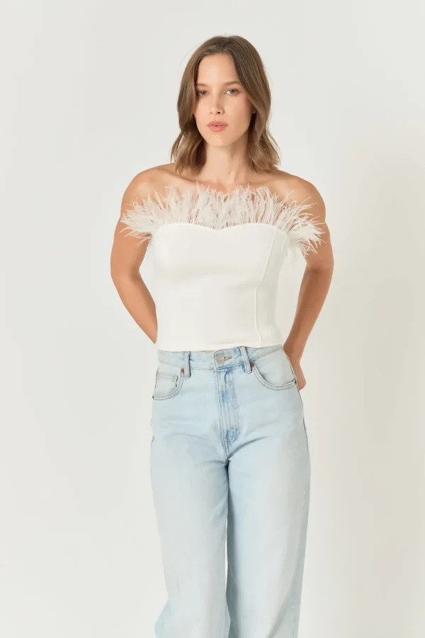 ENDLESS ROSE Tops*- Strapless Knit Feather Top