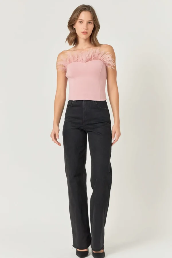 ENDLESS ROSE Tops*- Strapless Knit Feather Top