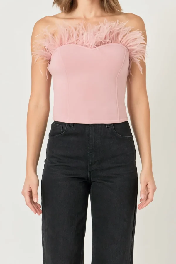 ENDLESS ROSE Tops*- Strapless Knit Feather Top
