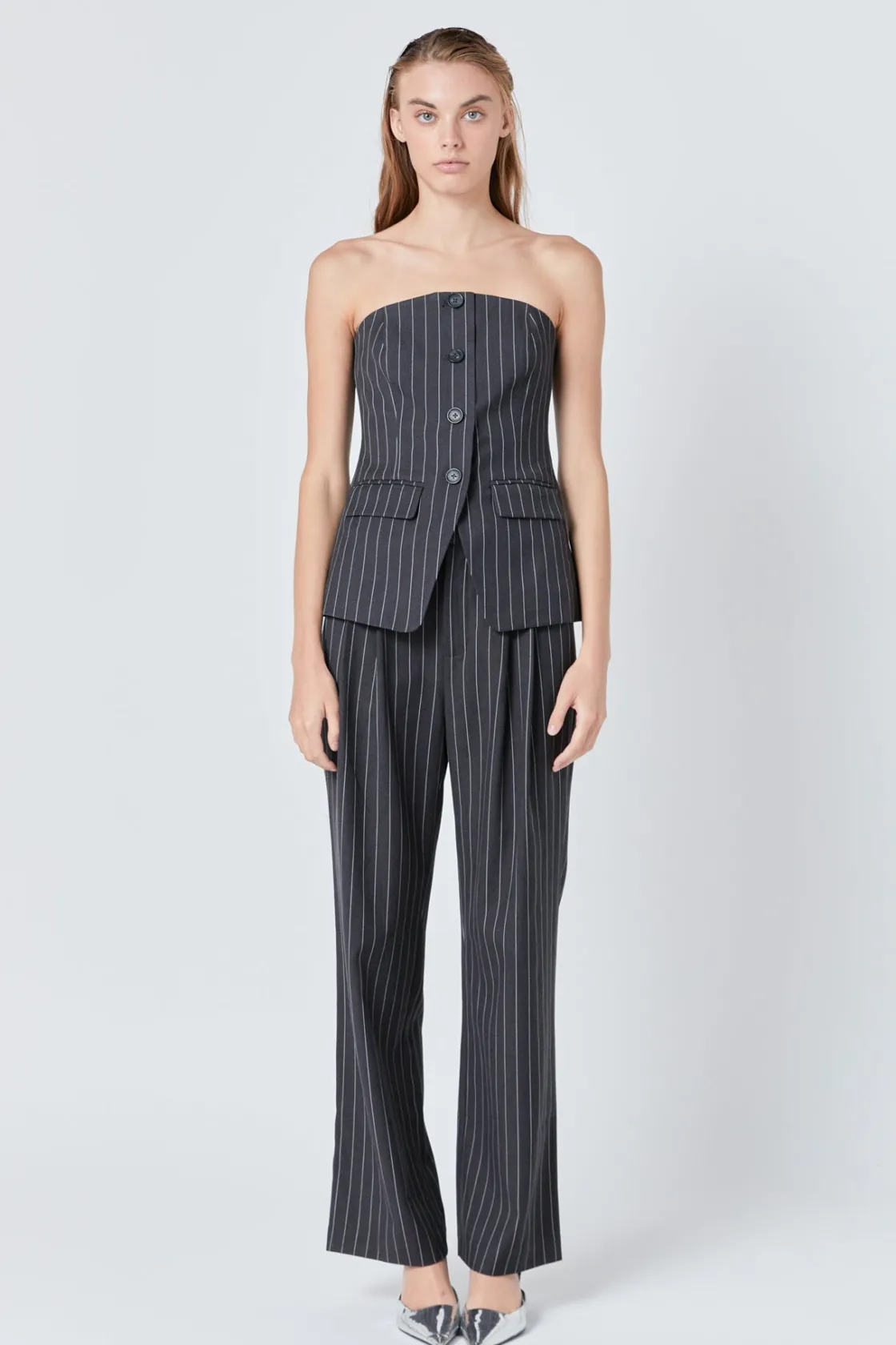 endless_rose__strapless_p_0-1.webp ENDLESS ROSE Matching Sets | Tops*- Strapless Pinstriped Vest CHARCOAL