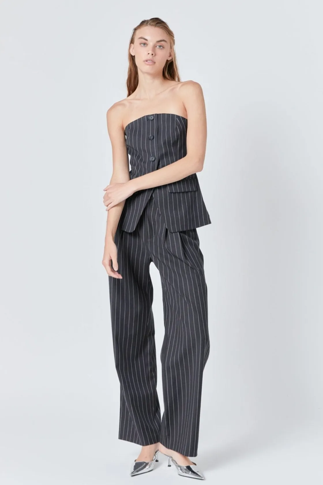 endless_rose__strapless_p_1-1.webp ENDLESS ROSE Matching Sets | Tops*- Strapless Pinstriped Vest CHARCOAL