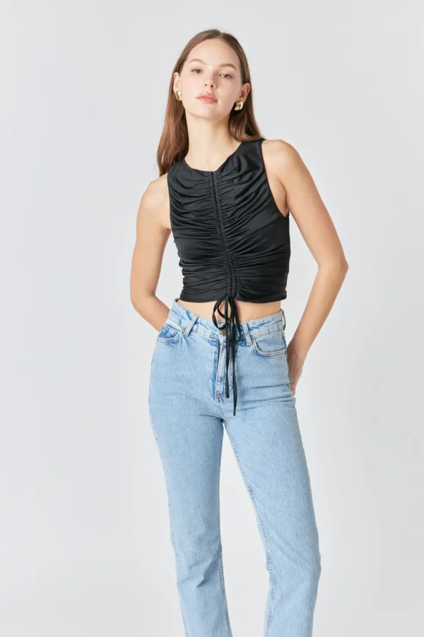 ENDLESS ROSE Tops*- Stretch Ruched Tank Top BLACK