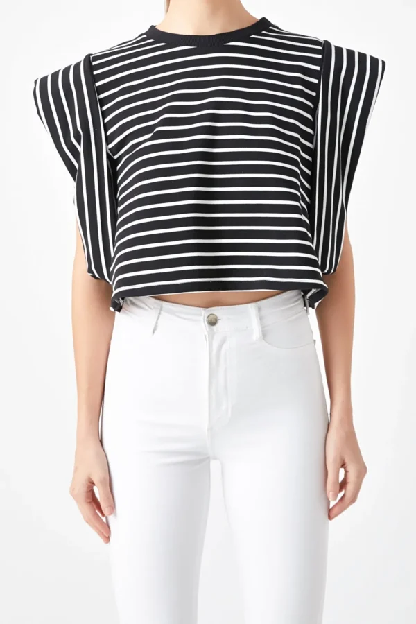 ENDLESS ROSE Tops*- Stripe Drop Shoulder Cropped Top BLACK/WHITE