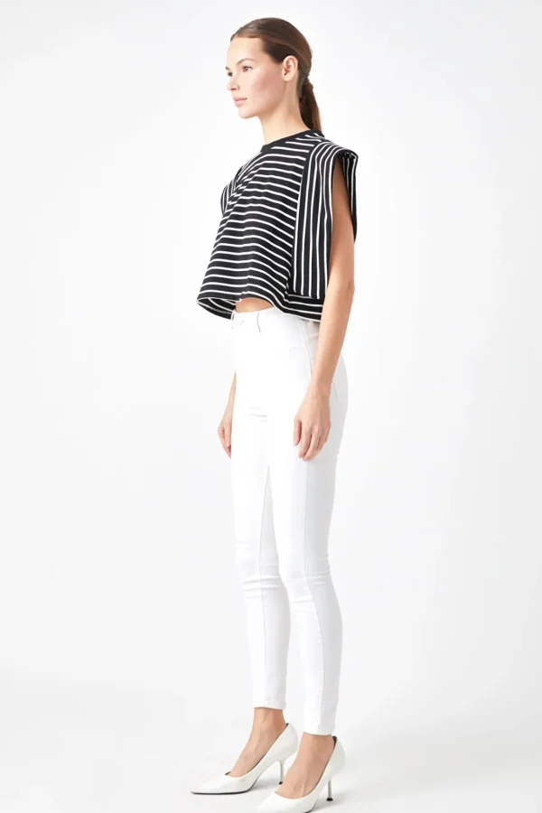 ENDLESS ROSE Tops*- Stripe Drop Shoulder Cropped Top BLACK/WHITE