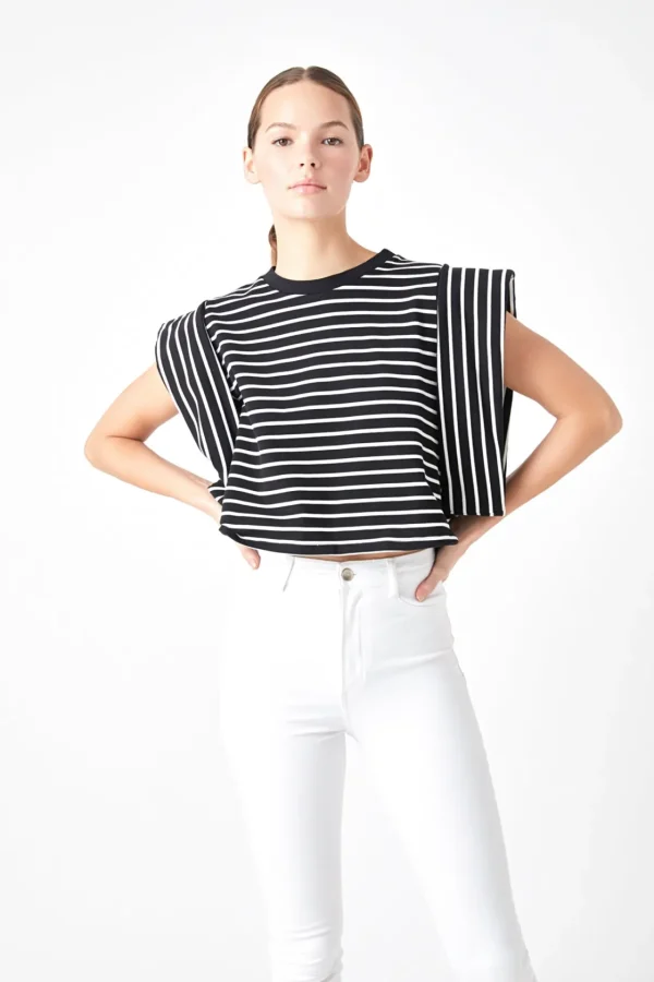 ENDLESS ROSE Tops*- Stripe Drop Shoulder Cropped Top BLACK/WHITE