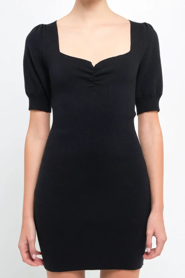 ENDLESS ROSE Puff Sleeve | Tops*- Sweetheart Knit Mini dress BLACK
