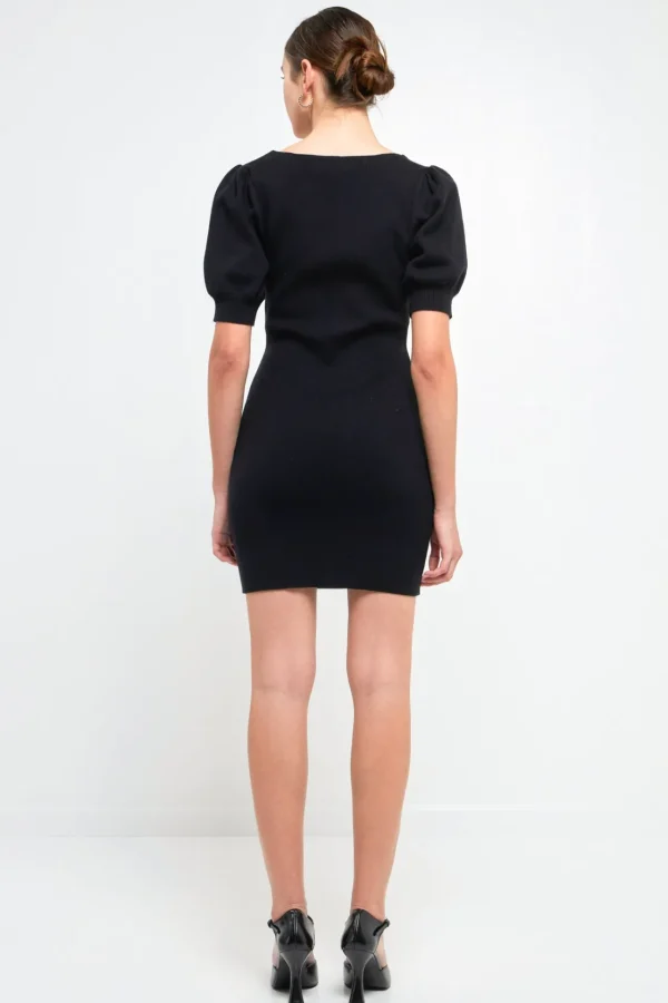 ENDLESS ROSE Puff Sleeve | Tops*- Sweetheart Knit Mini dress BLACK