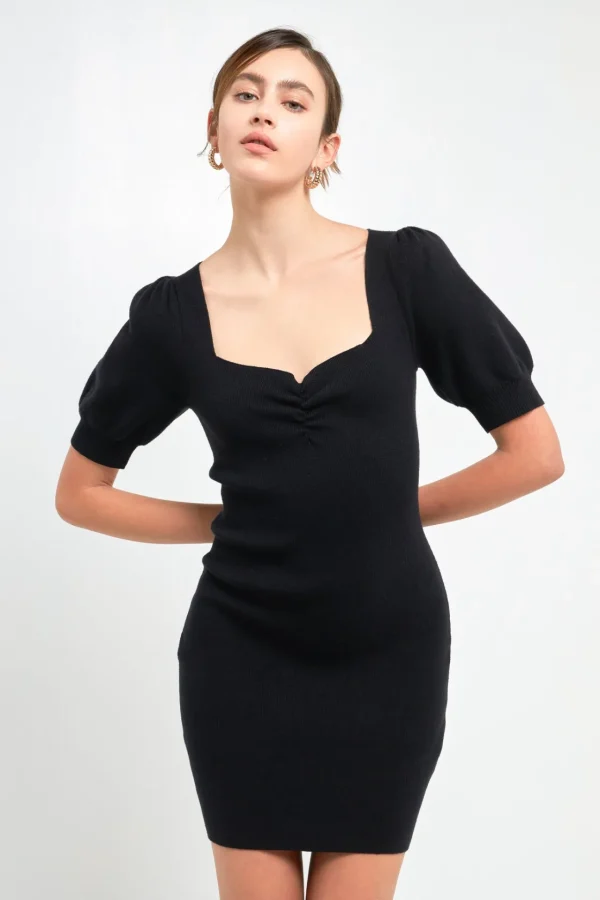 ENDLESS ROSE Puff Sleeve | Tops*- Sweetheart Knit Mini dress BLACK