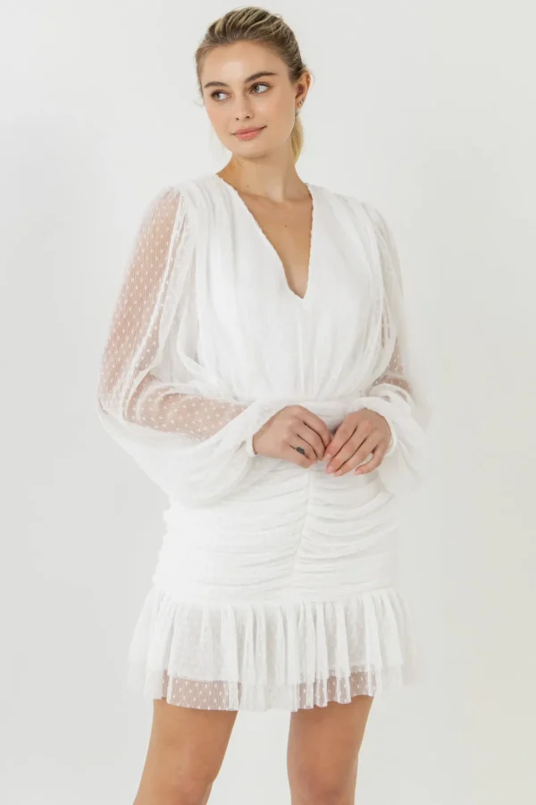 ENDLESS ROSE White Dresses | Tops*- Swiss Dot Ruched Dress WHITE