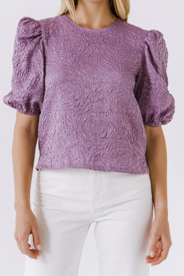 ENDLESS ROSE Tops*- Texture Fabric Puff Sleeve Top PLUM