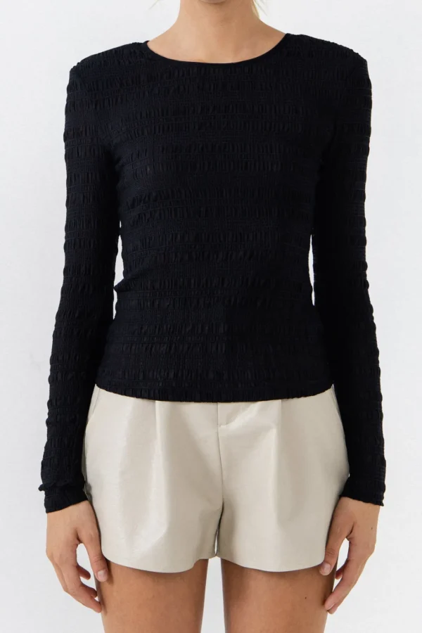 ENDLESS ROSE Tops*- Texture Fitted Top BLACK