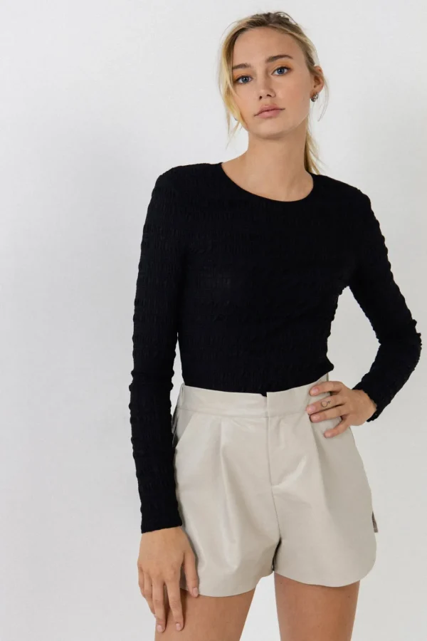 ENDLESS ROSE Tops*- Texture Fitted Top BLACK