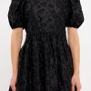 ENDLESS ROSE Little Black Dress | Puff Sleeve*- Texture Floral Organza Mini Dress BLACK