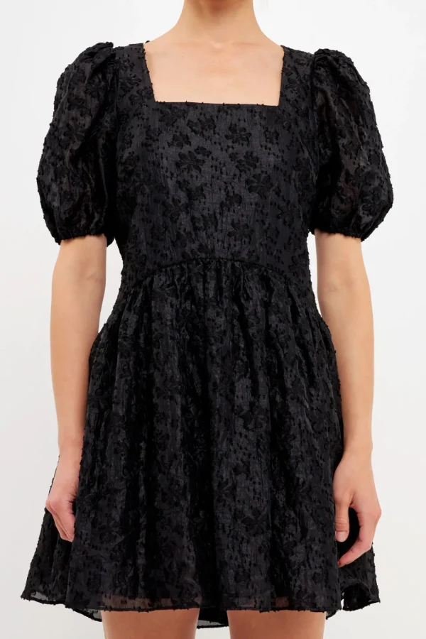 ENDLESS ROSE Little Black Dress | Puff Sleeve*- Texture Floral Organza Mini Dress BLACK