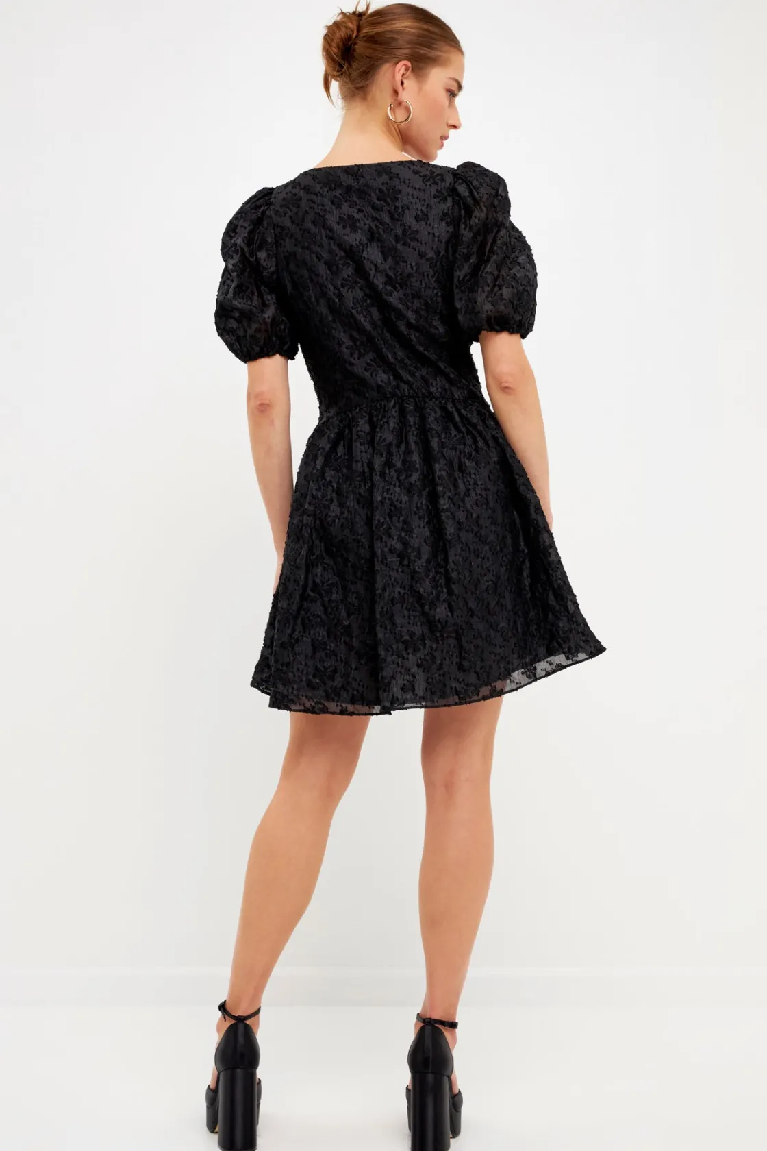 endless_rose__texture_flo_2.webp ENDLESS ROSE Little Black Dress | Puff Sleeve*- Texture Floral Organza Mini Dress BLACK
