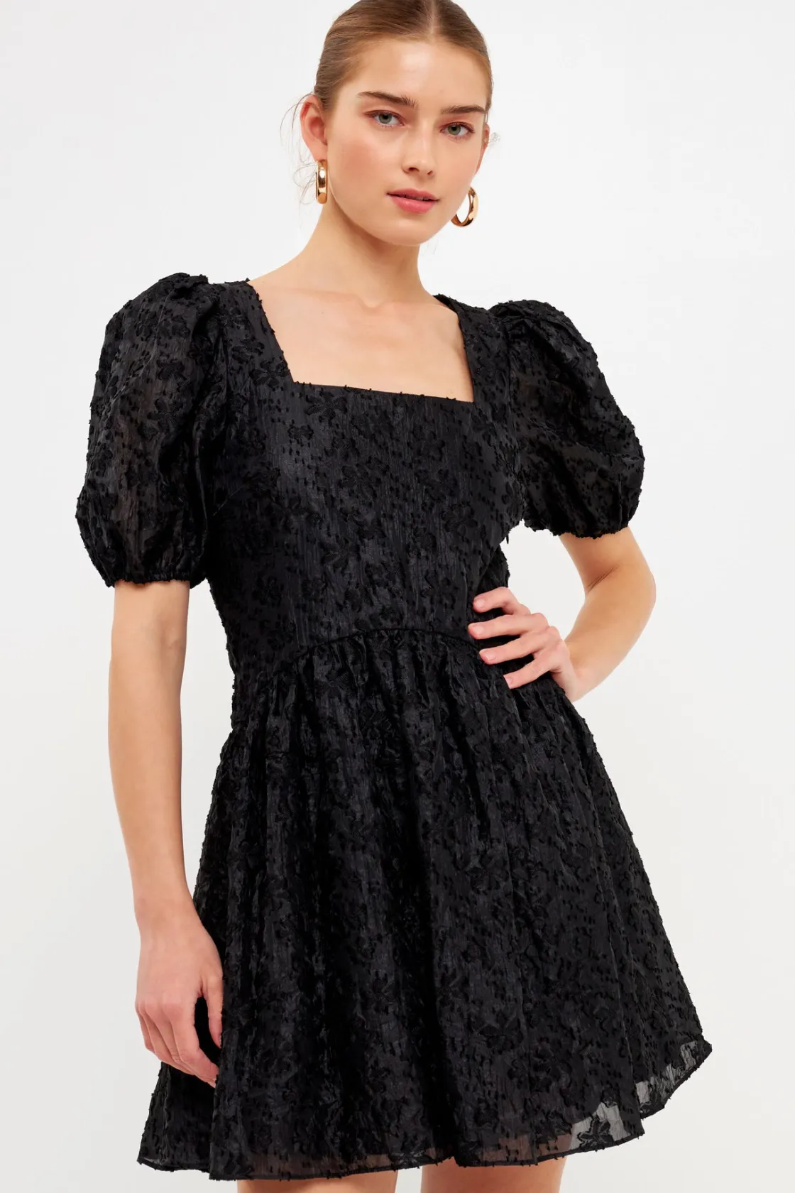 endless_rose__texture_flo_3.webp ENDLESS ROSE Little Black Dress | Puff Sleeve*- Texture Floral Organza Mini Dress BLACK