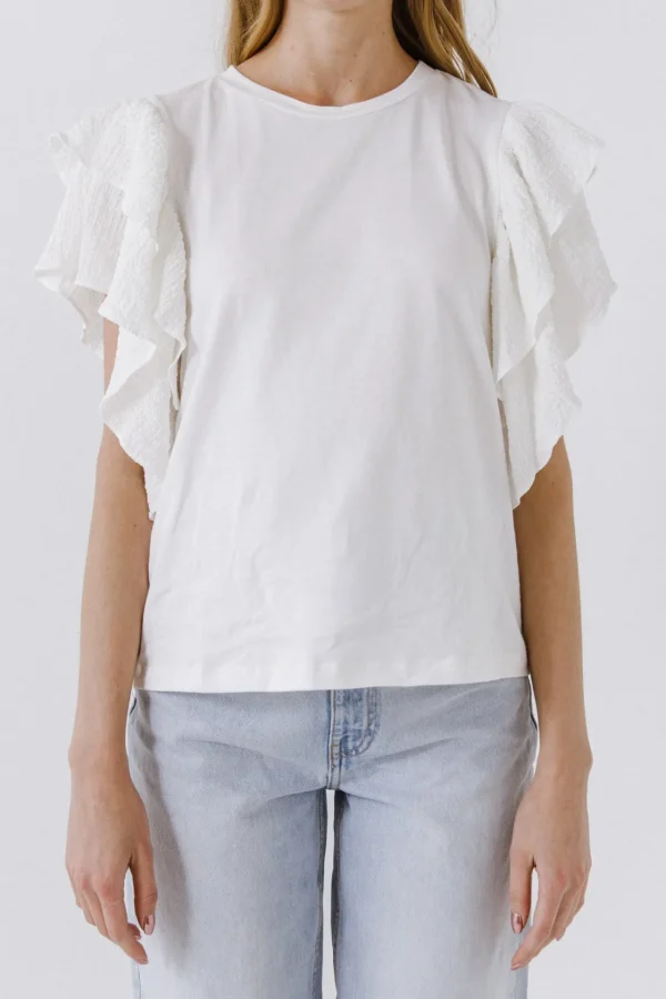 ENDLESS ROSE Tops*- Textured Ruffle Sleeve T-Shirt WHITE