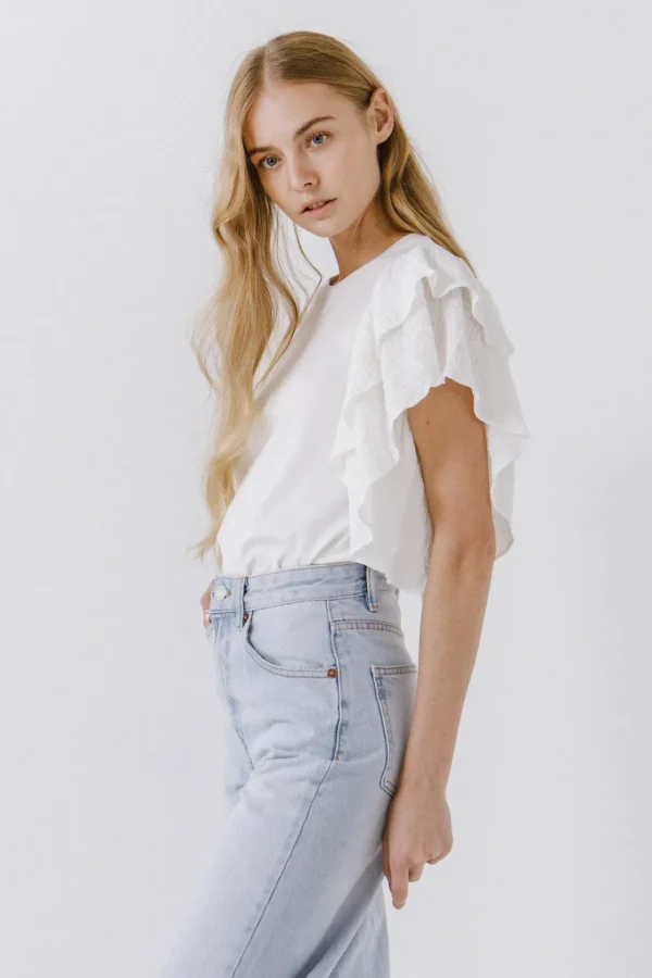 ENDLESS ROSE Tops*- Textured Ruffle Sleeve T-Shirt WHITE