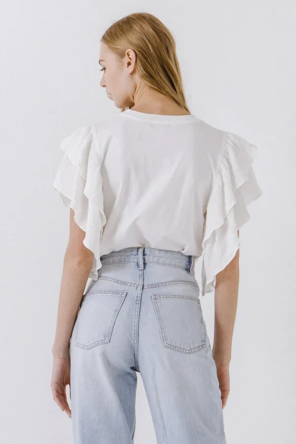 ENDLESS ROSE Tops*- Textured Ruffle Sleeve T-Shirt WHITE