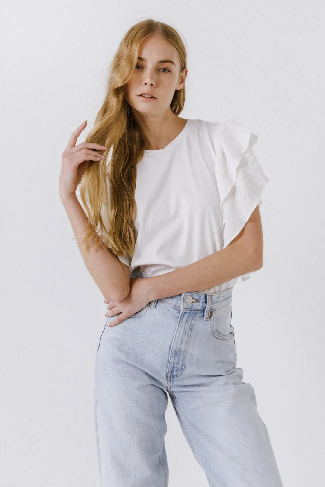 endless_rose__textured_ru_3.webp ENDLESS ROSE Tops*- Textured Ruffle Sleeve T-Shirt WHITE