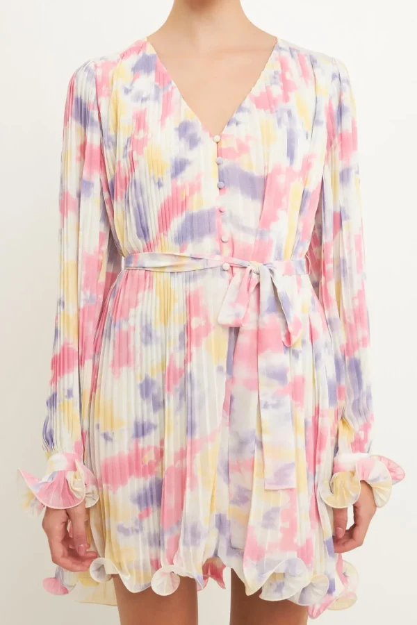 ENDLESS ROSE Tops*- Tie-dye Chiffon Pleated Mini Dress MULTI