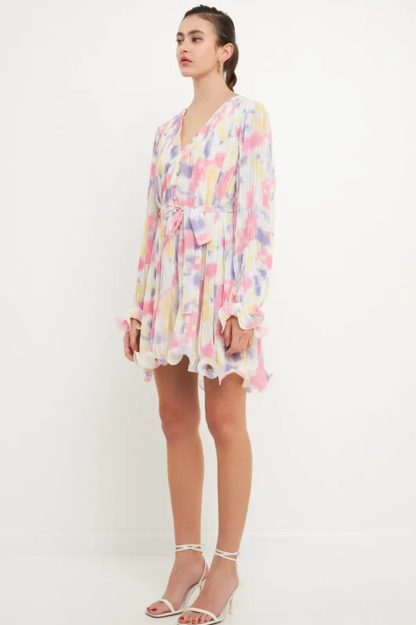 ENDLESS ROSE Tops*- Tie-dye Chiffon Pleated Mini Dress MULTI