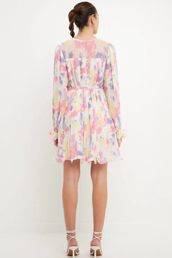 ENDLESS ROSE Tops*- Tie-dye Chiffon Pleated Mini Dress MULTI
