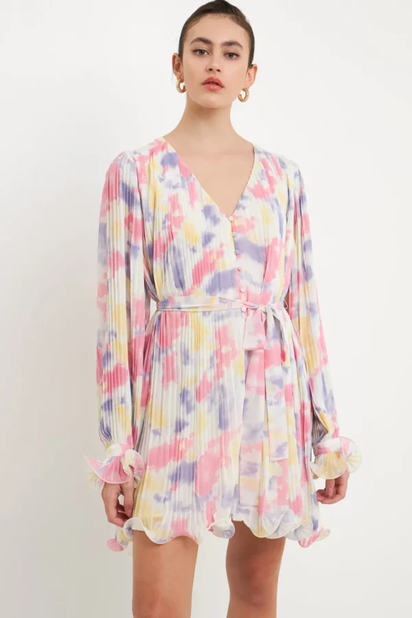 ENDLESS ROSE Tops*- Tie-dye Chiffon Pleated Mini Dress MULTI