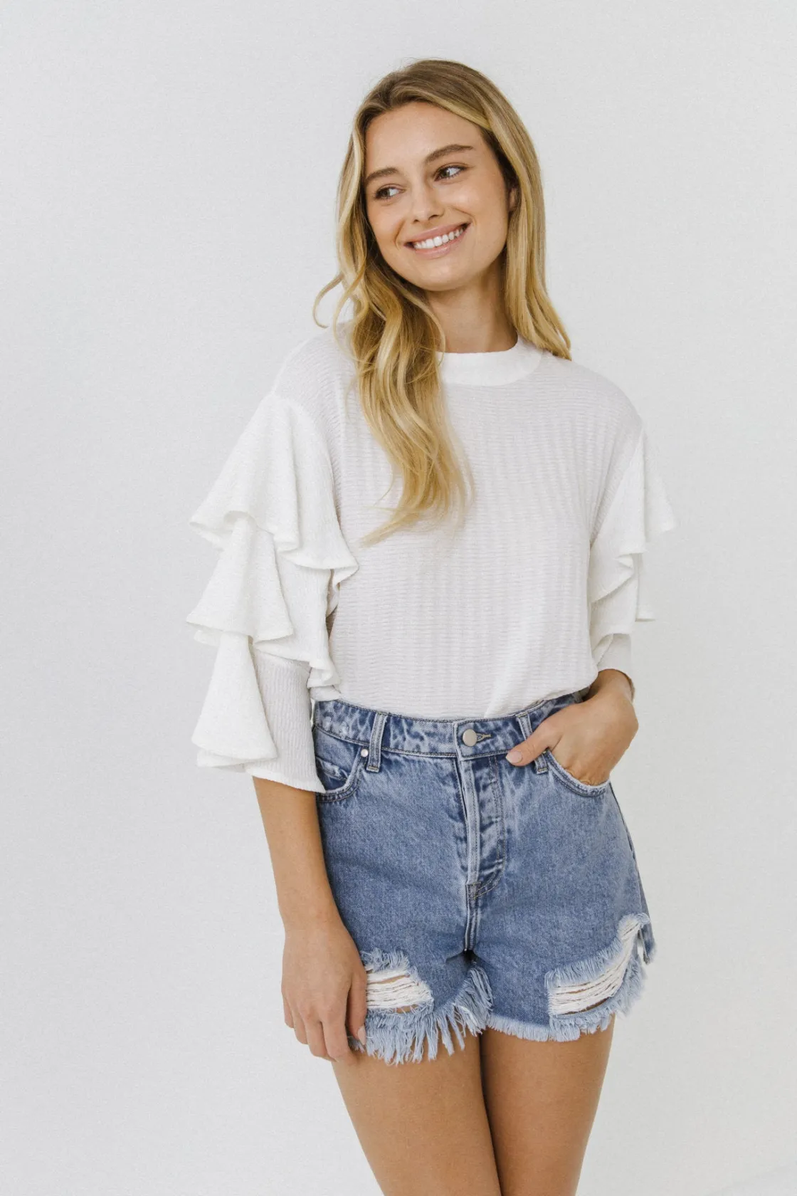 endless_rose__tiered_ruff_3-1.webp ENDLESS ROSE Shirts & Blouses | Tops*- Tiered Ruffle Sleeve Blouse WHITE