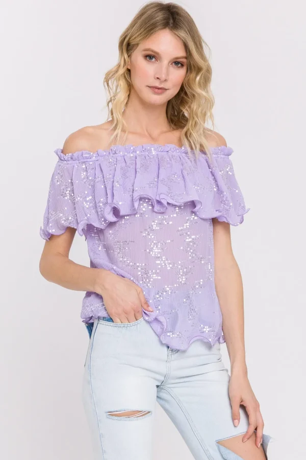 ENDLESS ROSE Tops*- Tiered Sequin Chiffon Top PURPLE
